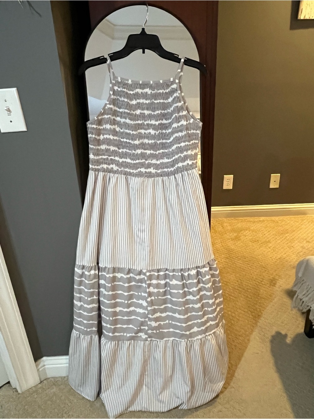 Gray & White Tiered Maxi Dress with Smocked Bodice